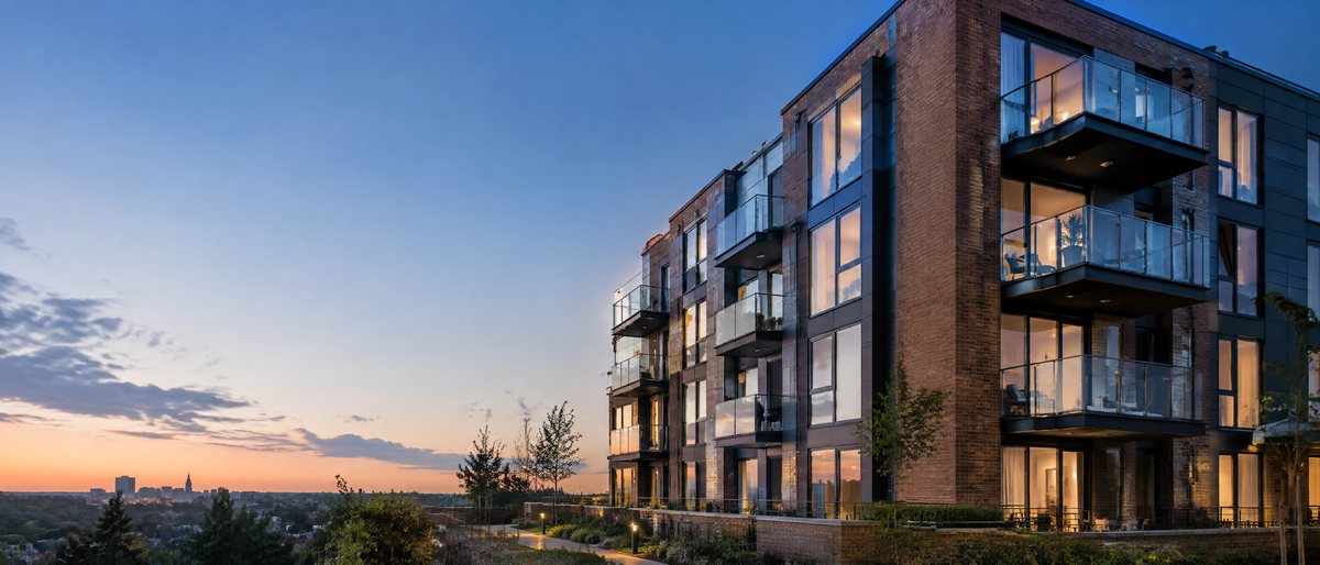 Exterior of a modern apartment block at dusk with lit windows