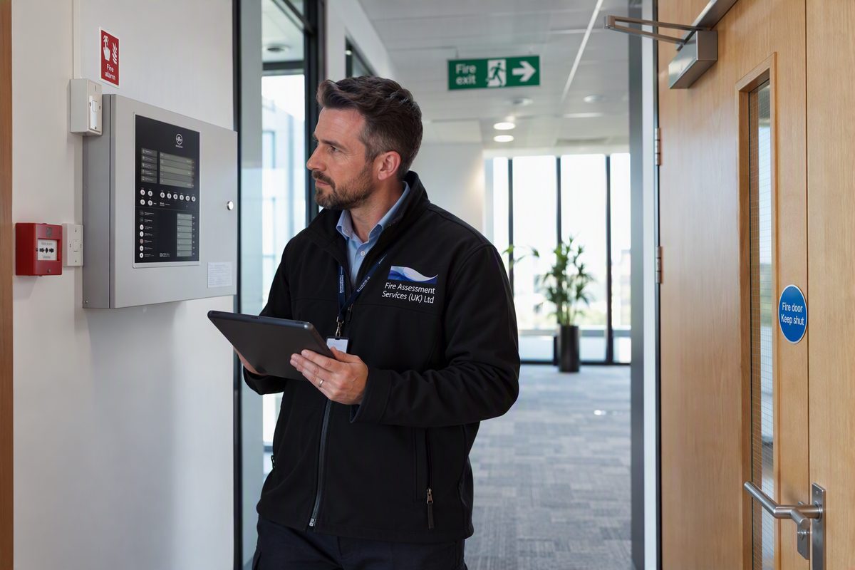 A Fire Assessment Services assessor checking a fire alarm panel with a tablet