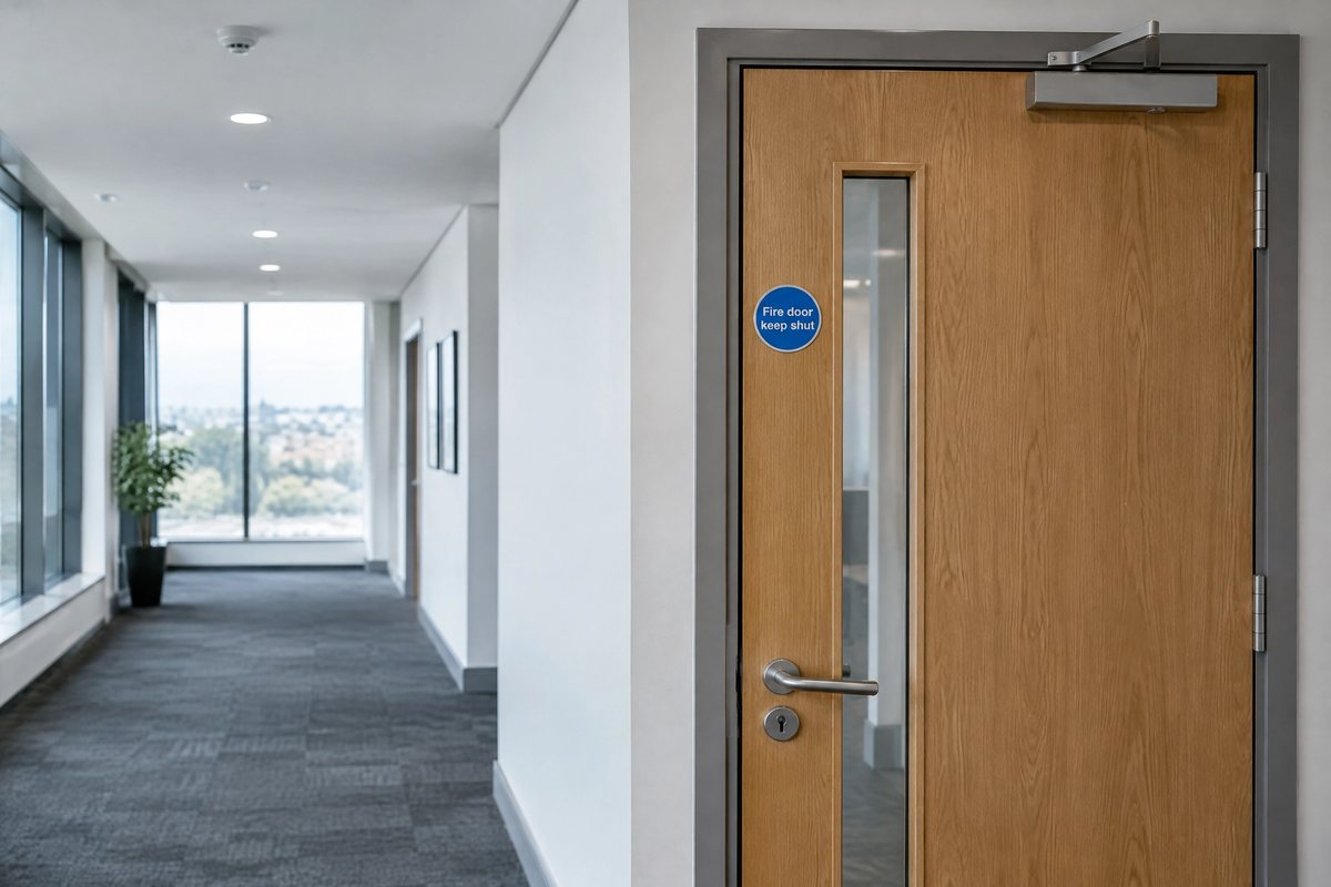 Timber fire door with a vision panel and an overhead closer on an office corridor