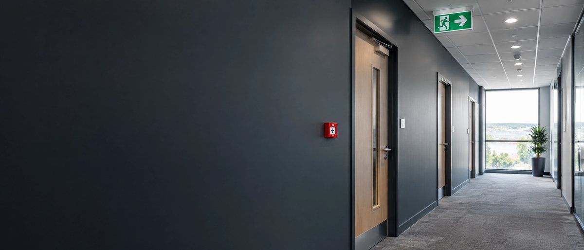 Corridor in a commercial office with a green running-man exit sign above the doorway