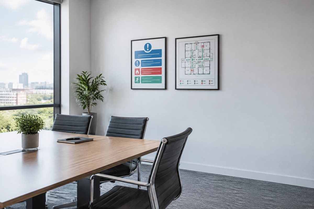 Meeting room with a framed fire action notice and escape plan on the wall